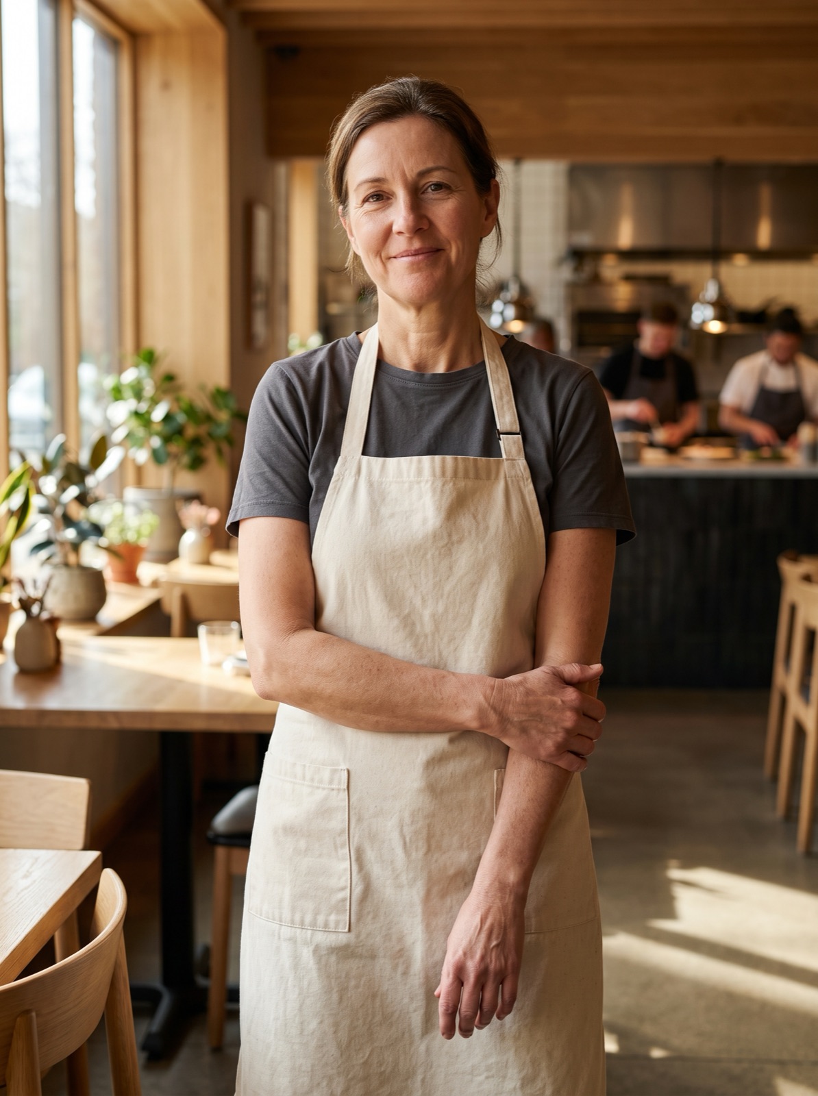 A cook in a canvas apron